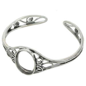 Curlicue Filigree Cuff Bracelet with 13x18mm Oval Bezel Mounting in Sterling Silver