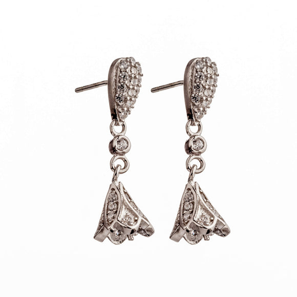 Pear Shape Ear Studs with Cubic Zirconia Inlays and Dangling Cup and Peg in Sterling Silver 6mm