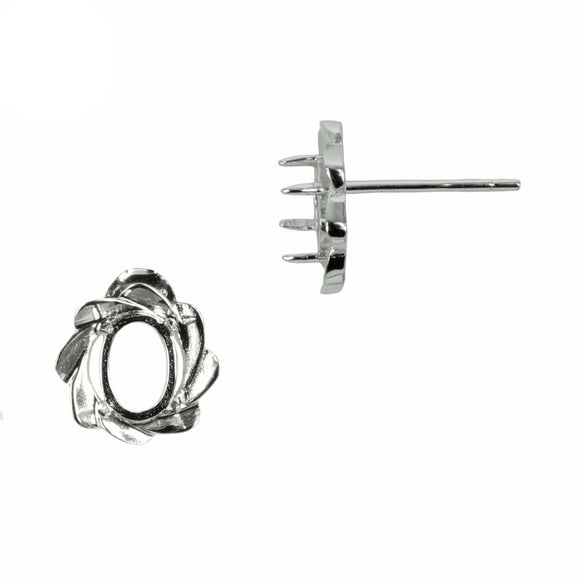 Spiral Fan Stud Earrings with Oval Prong Mounting in Sterling Silver for 5x7mm Stones