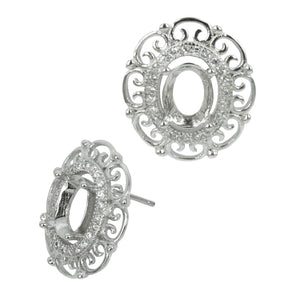 Filigree &amp; CZ Border Stud Earring with Oval Prong Mounting in Sterling Silver for 6x8mm Stones