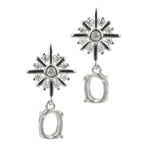 Snowflake CZ's Earring with Oval Mounting for 6x8mm Stones in Sterling Silver