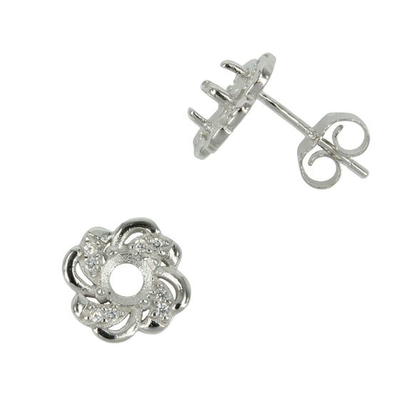 Spiral Flower CZ Border Stud Earrings with Round Prong Mounting in Sterling Silver for 4mm Stones