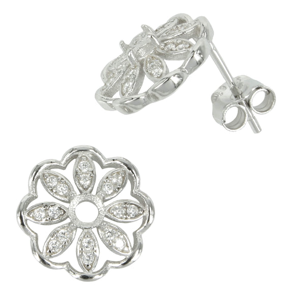 Daisy CZ Border Stud Earrings with Round Prong Mounting in Sterling Silver for 3mm Stones