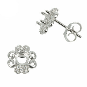 Clover Stud Earring with Round Prong Mounting in Sterling Silver for 4mm Stones