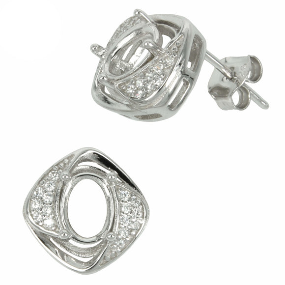 Square Border Stud Earrings with Oval Prong Mounting in Sterling Silver for 5x7mm Stones