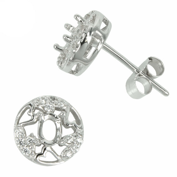 CZ Border Stud Earrings with Oval Prong Mounting in Sterling Silver for 3x4mm Stones