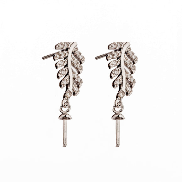 Ear Studs with Cubic Zirconia Inlays Leaf and Cup and Peg Mounting in Sterling Silver