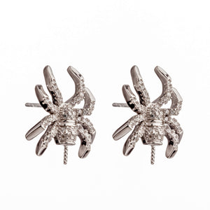 Spider Ear Studs with Cubic Zirconia Inlays and Cup and Peg Mounting in Sterling Silver