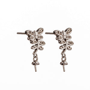 Leaves Ear Studs with Cubic Zirconia Inlays and Cup and Peg Mounting in Sterling Silver