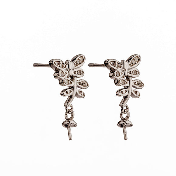 Leaves Ear Studs with Cubic Zirconia Inlays and Cup and Peg Mounting in Sterling Silver