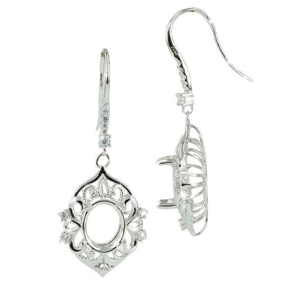 Victorian Rococo Earrings with Oval Setting in Sterling Silver for 8x10mm Oval Stones