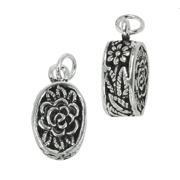 Floral Charm in Antiqued Sterling Silver 23x11x7mm