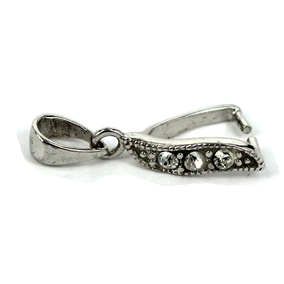 Leaf Pinch Bail with Cubic Zirconia Inlays in Rhodium Plated Sterling Silver 19.3x3.3x7.2mm