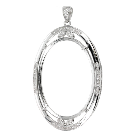 Oval-in-Oval Pendant with Cubic Zirconias and Soldered Loop and Bail in Sterling Silver 26x36mm