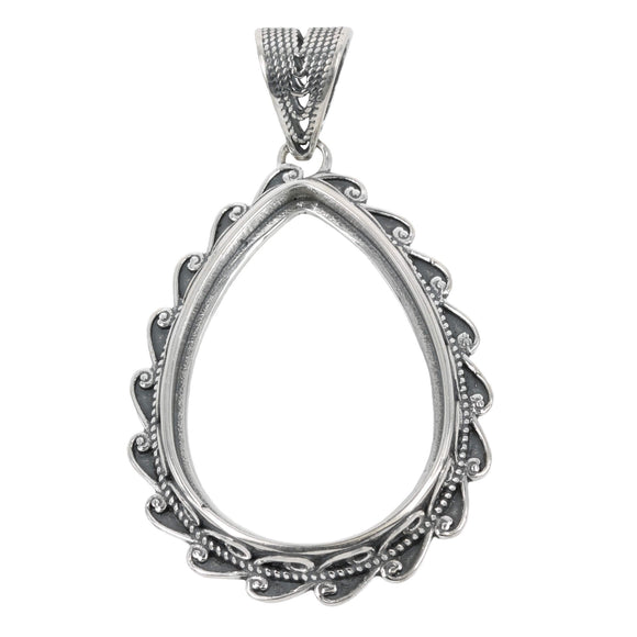 Curlicue Framed Pear Shaped Pendant with Soldered Loop and Bail in Sterling Silver for 22x31mm Stones