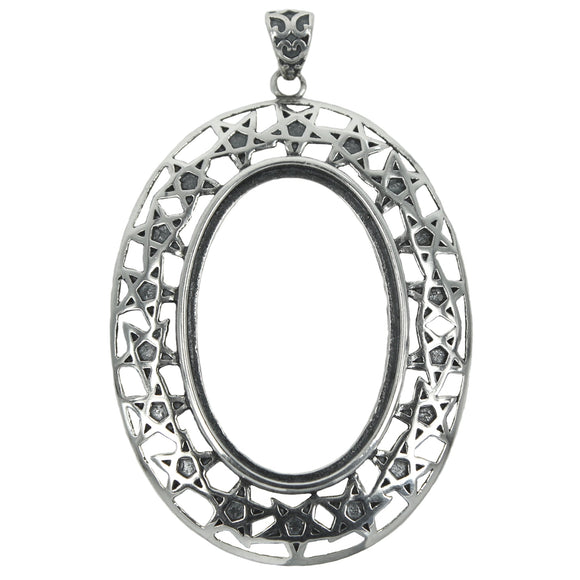 Oval Pendant With Stars Border Frame and Soldered Loop and Bail in Sterling Silver 20x30mm