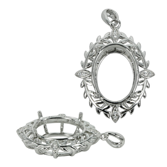 Oval Pendant with Vine Motif & CZ's Border for 12x16mm Stones in Sterling Silver