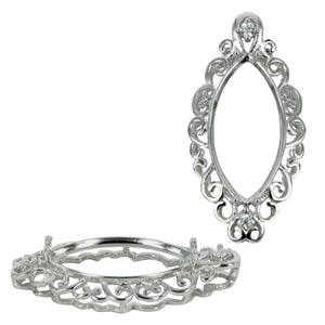 Marquise Pendant with Curlicues & CZ Decorated Border for 10x20mm Stones in Sterling Silver