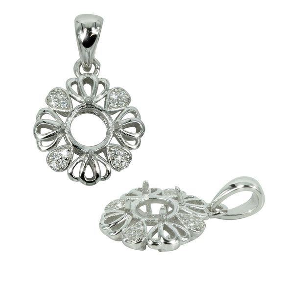 Petals Halo Pendant in Sterling Silver with CZ's for 6mm Round Stones