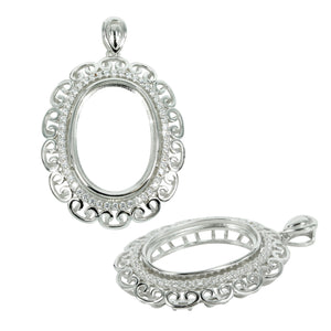 Oval Pendant With Curlicue Border and CZ Halo in Sterling Silver for 18x25mm Cabochons