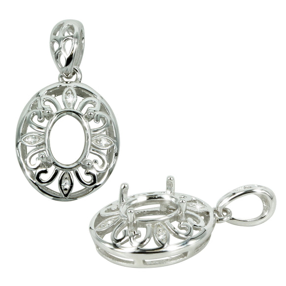 Fleur-de-Lys Halo Pendant in Sterling Silver for 6x8mm Stones