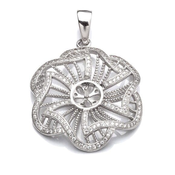 Flower Pendant with Cubic Zirconia Inlays and Cup and Peg Mounting and Bail in Sterling Silver 7mm