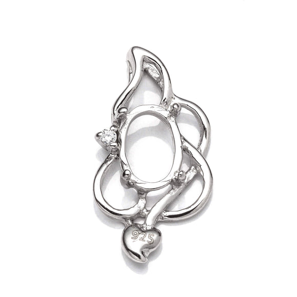 Leaf Pendant with Cubic Zirconia Inlays and Oval Mounting in Sterling Silver 6x8mm