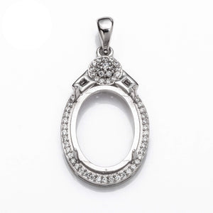 Oval Pendant with Cubic Zirconia Inlays and Oval Mounting and Bail in Sterling Silver 14x19mm