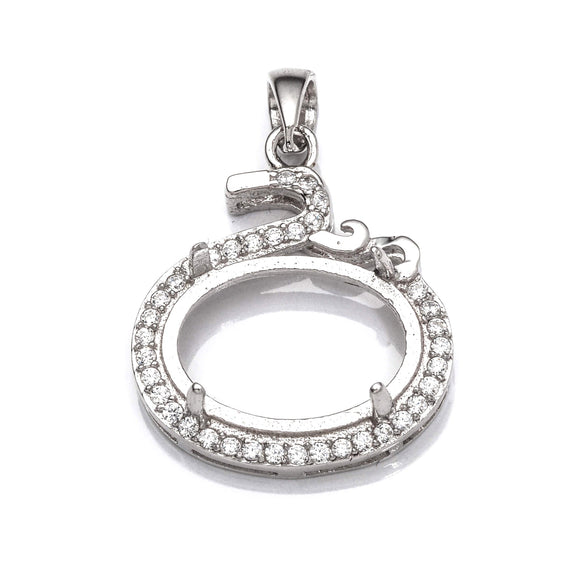 Pendant with Cubic Zirconia Inlays and Oval Mounting and Bail in Sterling Silver 11x15mm