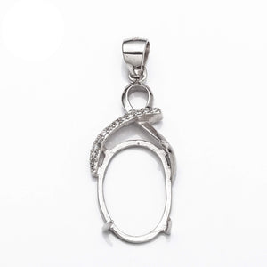 Ribbon Pendant with Cubic Zirconia Inlays and Oval Mounting and Bail in Sterling Silver 12x17mm