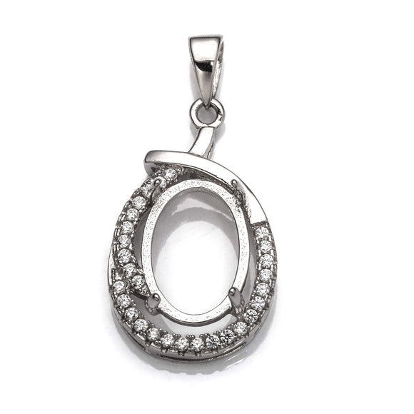 Oval Pendant with Cubic Zirconia Inlays and Oval Mounting and Bail in Sterling Silver 9x13mm