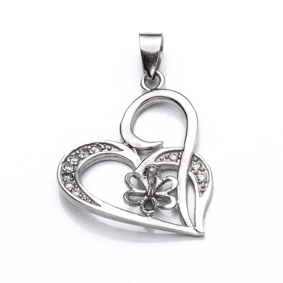 Heart Pendant with Cubic Zirconia Inlays and Cup and Peg Mounting and Bail in Sterling Silver 6mm