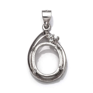 Pear Pendant with Cubic Zirconia Inlays, Oval Mounting, and Bail in Sterling Silver 12x10mm