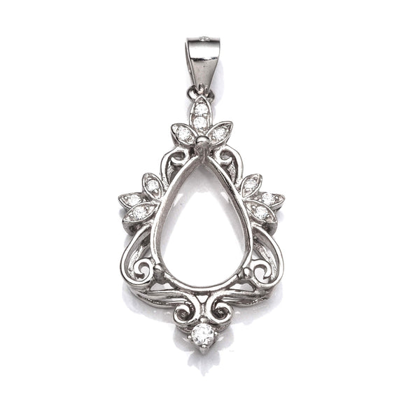 Pear Pendant with Cubic Zirconia Inlays and Pear Shape Mounting and Bail in Sterling Silver 19x13mm