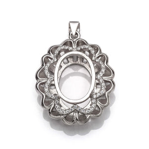 Pendant with Cubic Zirconia Inlays and Oval Mounting and Bail in Sterling Silver 12x16mm