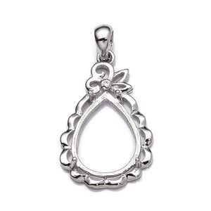 Pear Pendant with Cubic Zirconia Inlays and Pear Shape Mounting and Bail in Sterling Silver 11x15mm