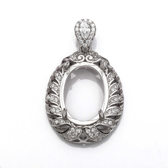 Oval Pendant with Cubic Zirconia Inlays and Oval Mounting and Bail in Sterling Silver 18x22mm