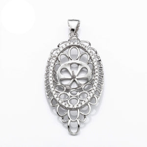 Oval Pendant with Cubic Zirconia Inlays and Cup and Peg Mounting and Bail in Sterling Silver 10mm