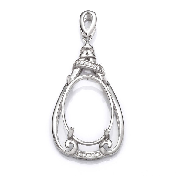 Pear Pendant with Cubic Zirconia Inlays and Oval Mounting and Bail in Sterling Silver 15x22mm