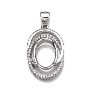 Oval Pendant with Cubic Zirconia Inlays and Oval Mounting and Bail in Sterling Silver 10x13mm