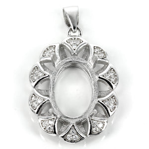 Oval pendant with Cubic Zirconia inlays and soldered loop and bail in sterling silver 18x25mm