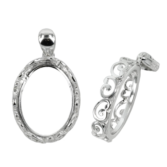 Oval Pendant with Rococo Bezel and Soldered Loop and Bail in Sterling Silver 12x16mm