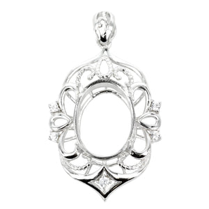 Oval Cubic Zirconias Set Rococo Embellished Pendant with Soldered Loop and Bail in Sterling Silver 12x16mm