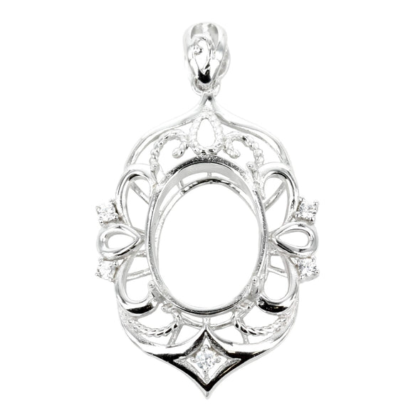 Oval Cubic Zirconias Set Rococo Embellished Pendant with Soldered Loop and Bail in Sterling Silver 12x16mm