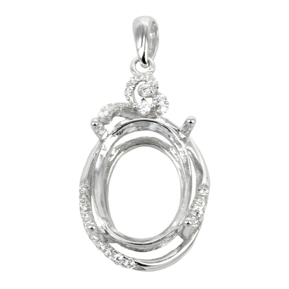 Oval Frame Pendant Set with Cubic Zirconia and Soldered Loop and Bail in Sterling Silver 12x14mm