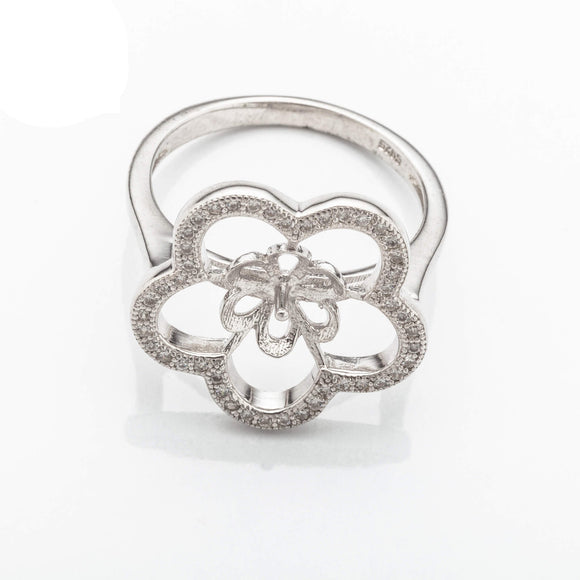 Flower Ring with Cub Zirconia Inlays and Cup and Peg Mounting in Sterling Silver 9mm