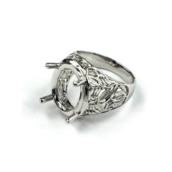 Hollow Leaves Ring with Oval Prongs Mounting in Sterling Silver 15x19mm