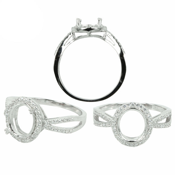 Micro-Pavé Band & Halo Ring with Oval Prong Mounting in Sterling Silver for 8x10mm Stones