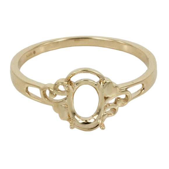 14K Gold Flourishes & Hearts Ring Setting with Oval Prongs Mounting 5x7mm