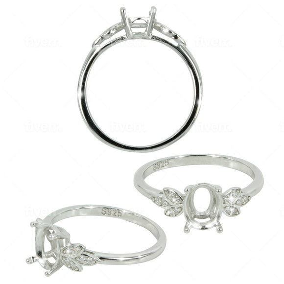 Leafy CZ's Shoulders Band Ring in Sterling Silver for 6x7mm Oval Stones